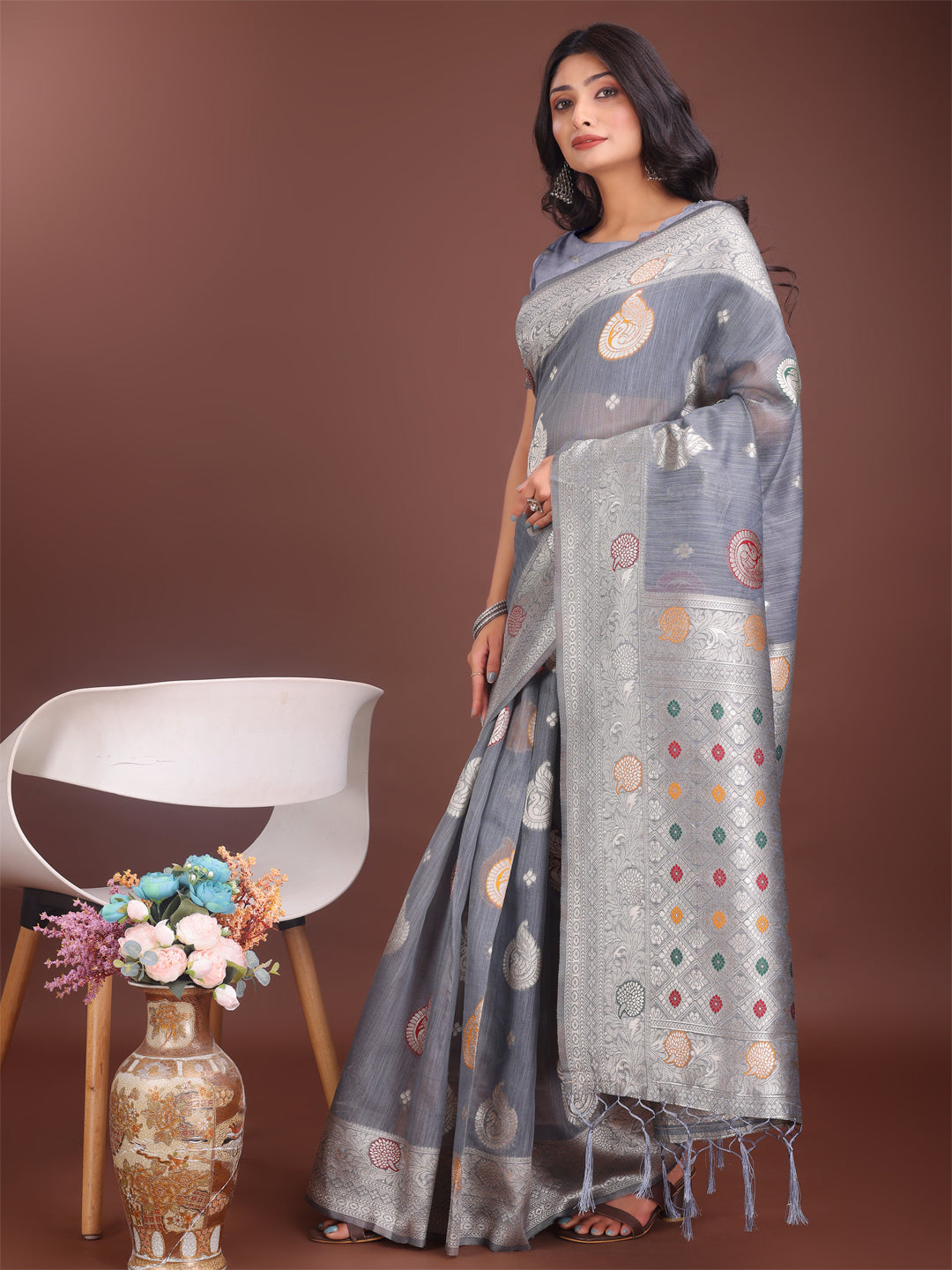 Shree Shyam Fashion Elegant Grey Linen Cotton Saree with Zari Border & Woven Motifs - Perfect for Sophisticated Everyday & Festive Looks