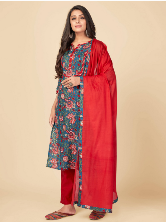 NOZ2TOZ Women's Printed & Gota Patti Work Straight Cotton Blue Kurta Pant With Dupatta (3Pcs Set)