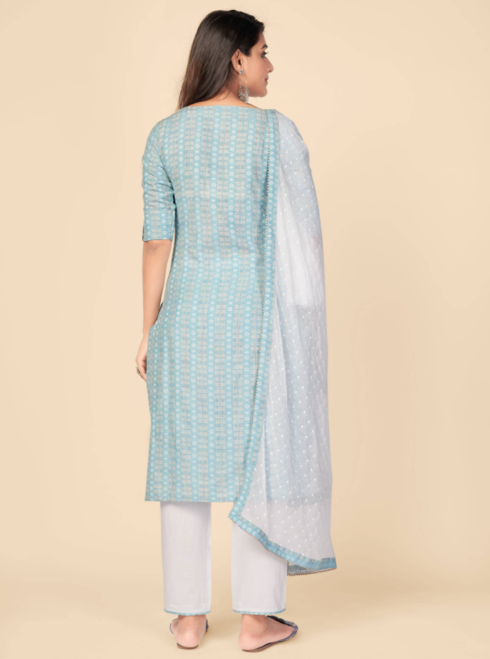NOZ2TOZ Women's Printed & Hand Work Straight Cotton Sky Blue Kurta Pant With Dupatta (3Pcs Set) 