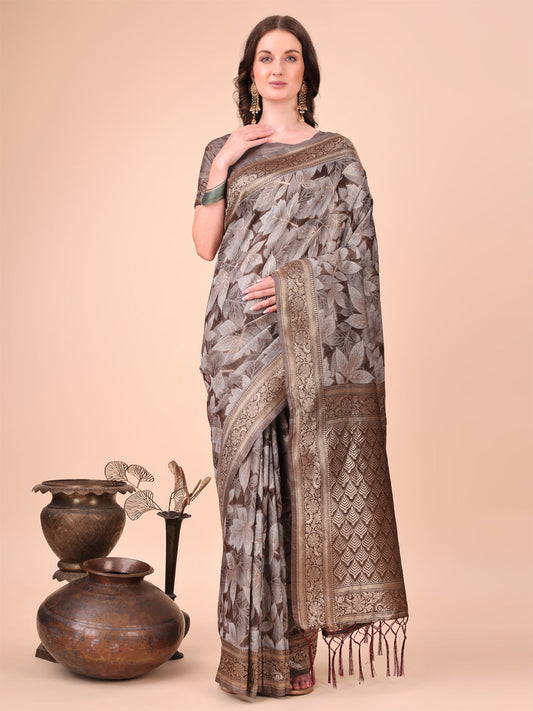 Shree Shyam Fashion Elegant Brown Cotton Silk Saree with Floral Design & Rich Pallu - Festive & Wedding Wear