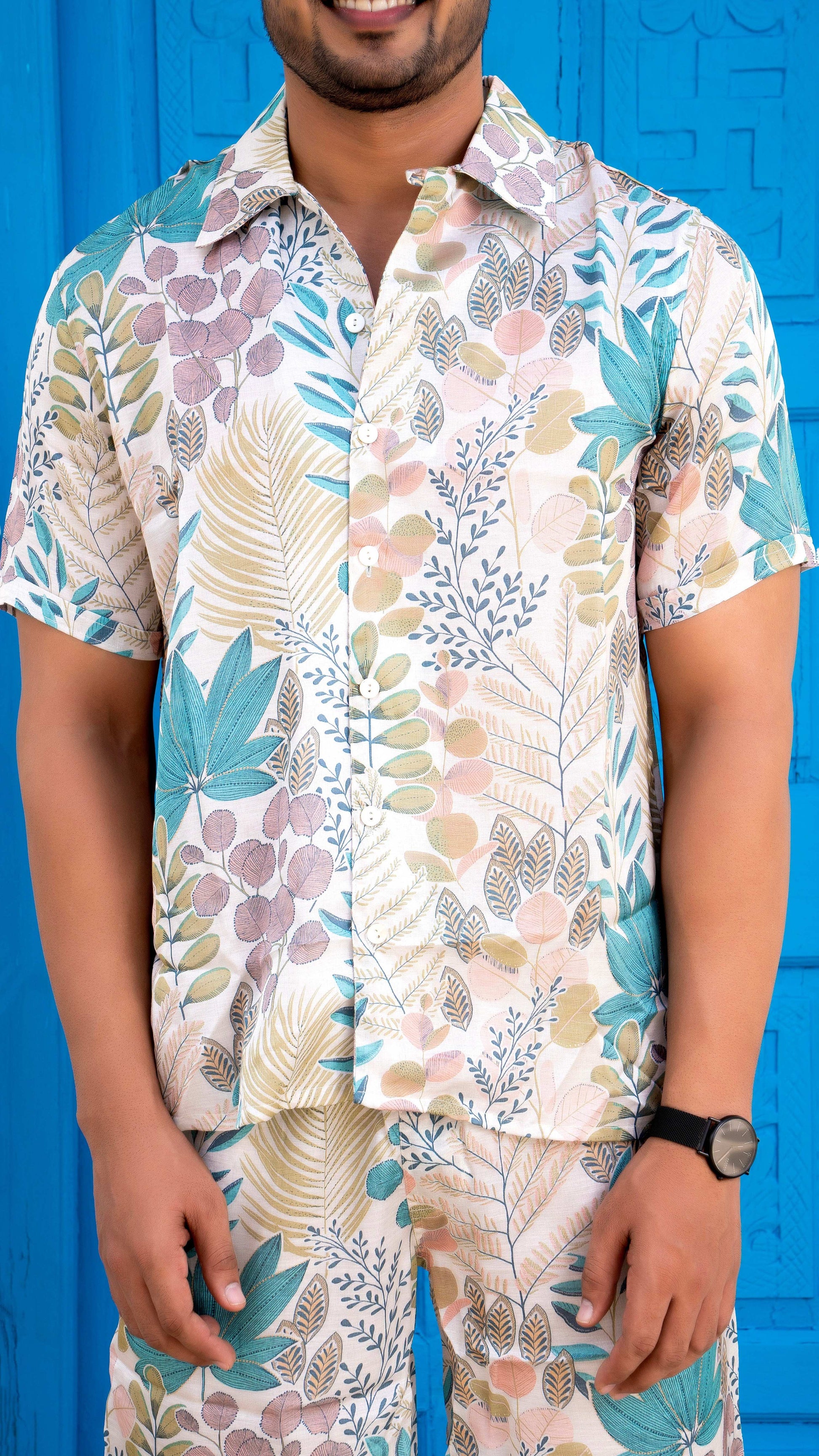 Noroke Sustainable fabric | Linen Satin Linen Blue Leaf Co-ord Set Men 