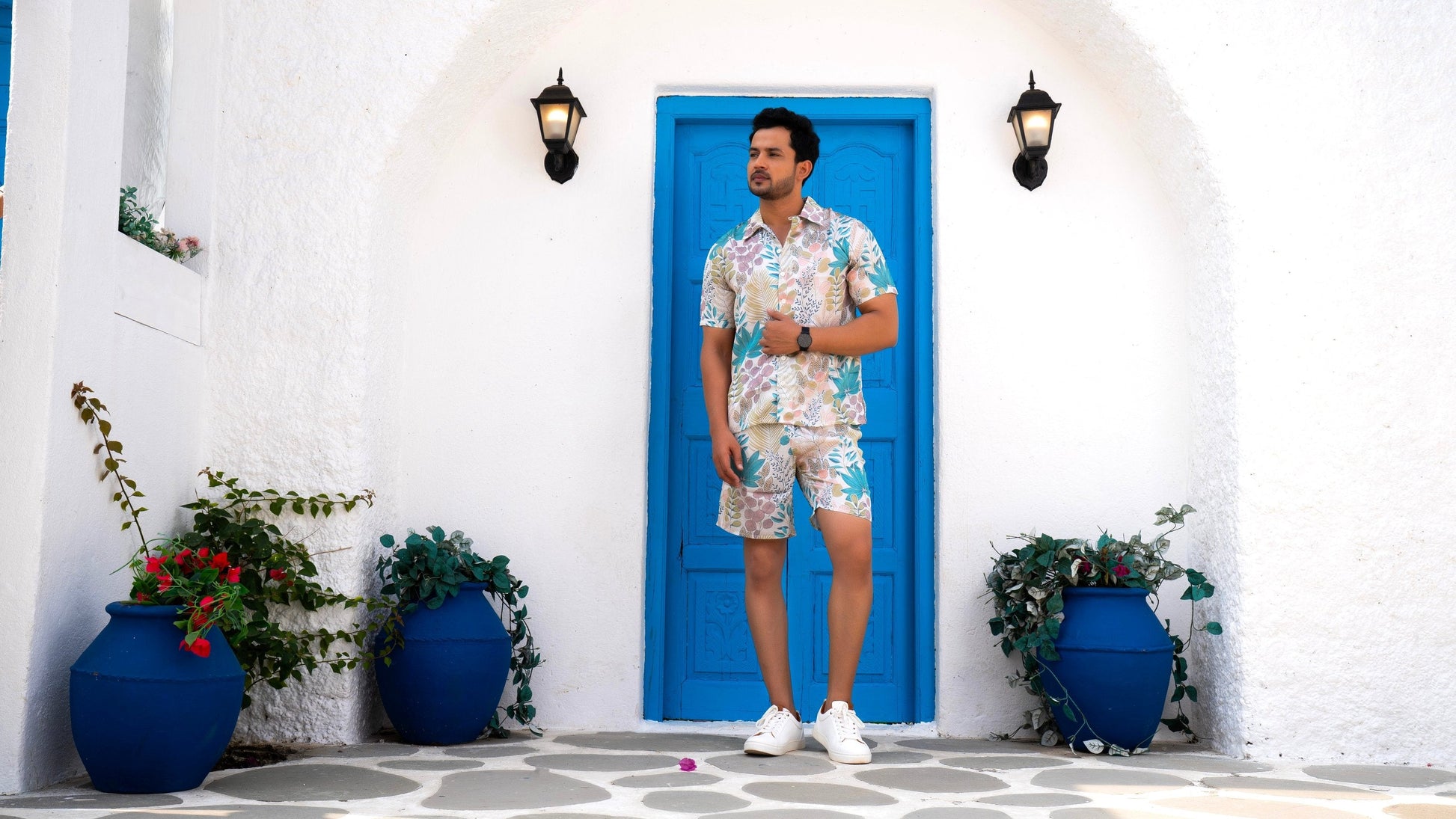 Noroke Sustainable fabric | Linen Satin Linen Blue Leaf Co-ord Set Men 