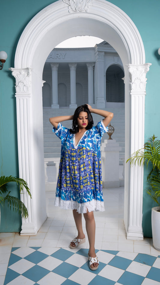 Noroke Sustainable fabric | Cupro Muslin Blue Pottery Tassel Dress | Swadesiicart