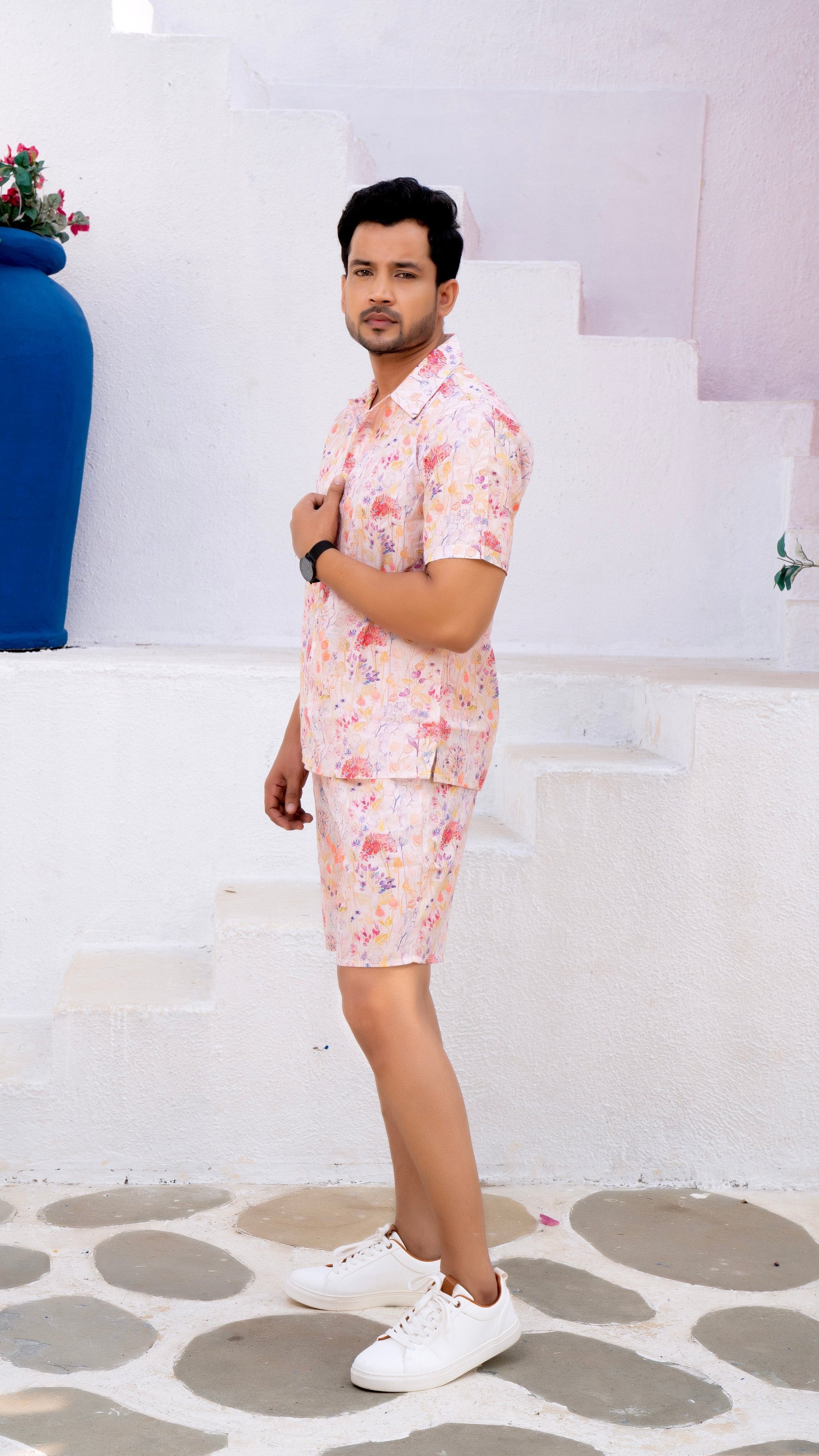 Noroke Linen White Floral Co-ord Set Men 