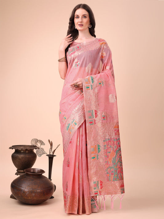 Shree Shyam Fashion Pink Linen Saree with Multicolor Weaving & Zari Pallu - Elegant & Lightweight for Everyday Grace