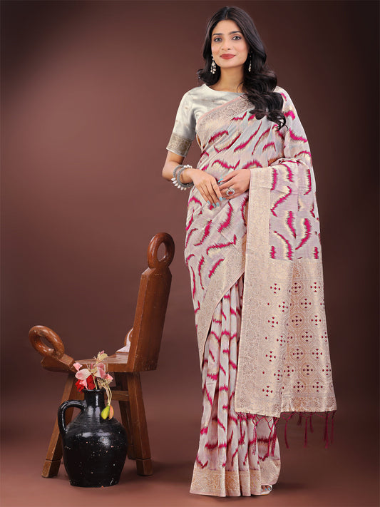 Shree Shyam Fashion Elegant Beige & Coral Linen Saree with Zari Border and Abstract Pattern - Premium Festive & Office Wear