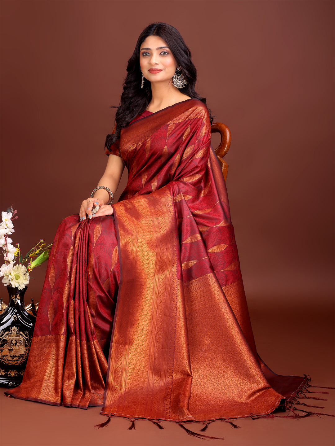 Shree Shyam Fashion Maroon Linen Cotton Saree with Golden Zari Leaf Woven Design & Rich Pallu - Festive Wear | Office Look | Soft Drape