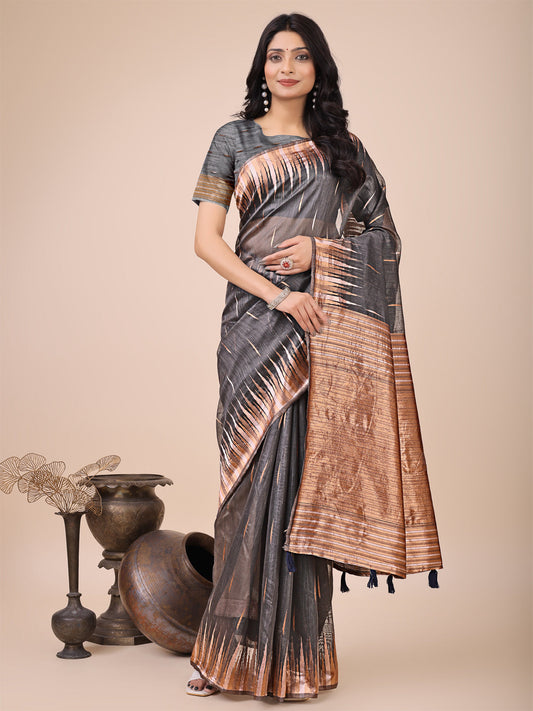Shree Shyam Fashion Premium Charcoal Black Linen Cotton Saree with Copper Zari Pallu & Abstract Print - Office & Festive Wear