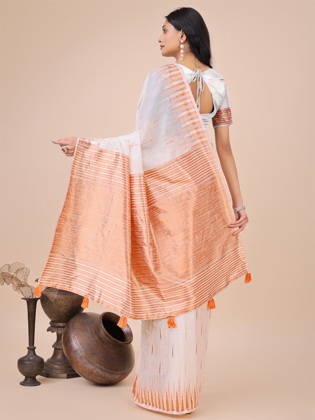 Shree Shyam Fashion Elegant White Linen Cotton Saree with Copper Zari Pallu and Artistic Brush Pattern - Festive & Formal Wear