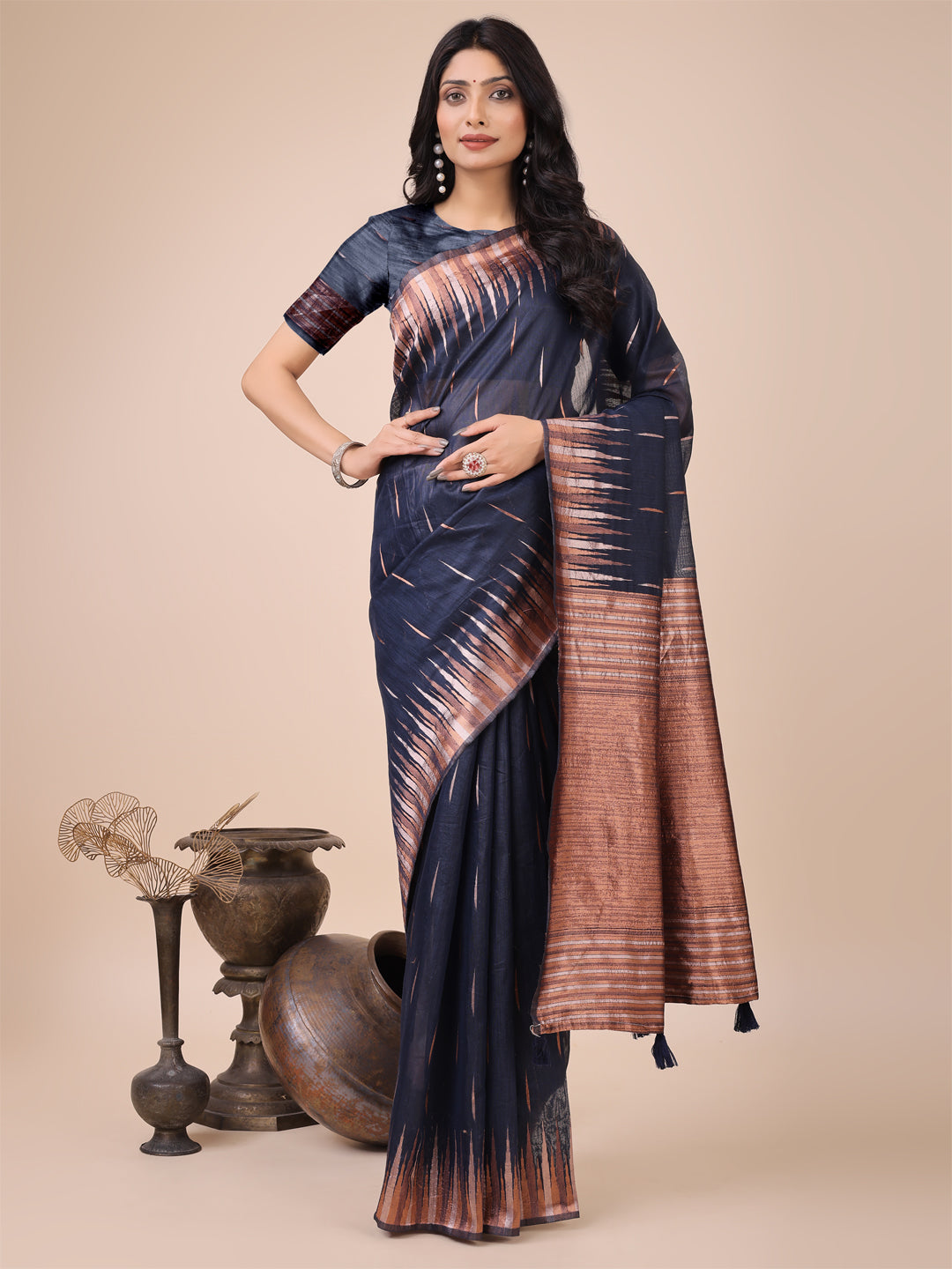 Shree Shyam Fashion Elegant Navy Blue Linen Cotton Saree with Copper Zari Pallu and Artistic Brush Pattern - Festive & Formal Wear