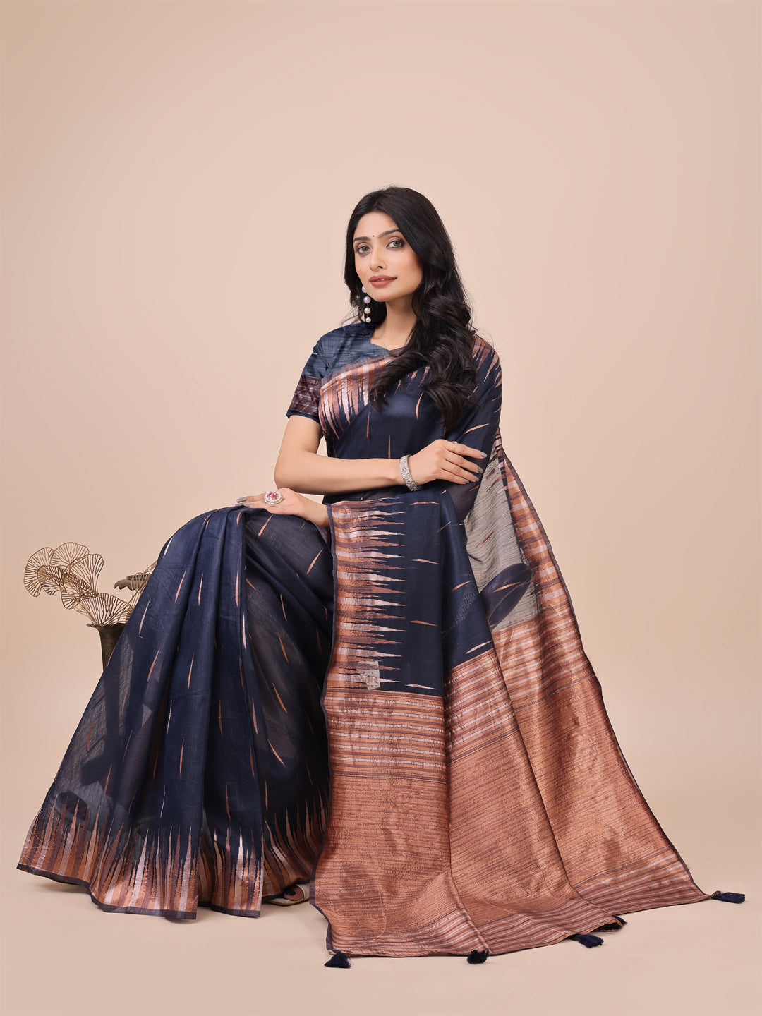 Shree Shyam Fashion Elegant Navy Blue Linen Cotton Saree with Copper Zari Pallu and Artistic Brush Pattern - Festive & Formal Wear