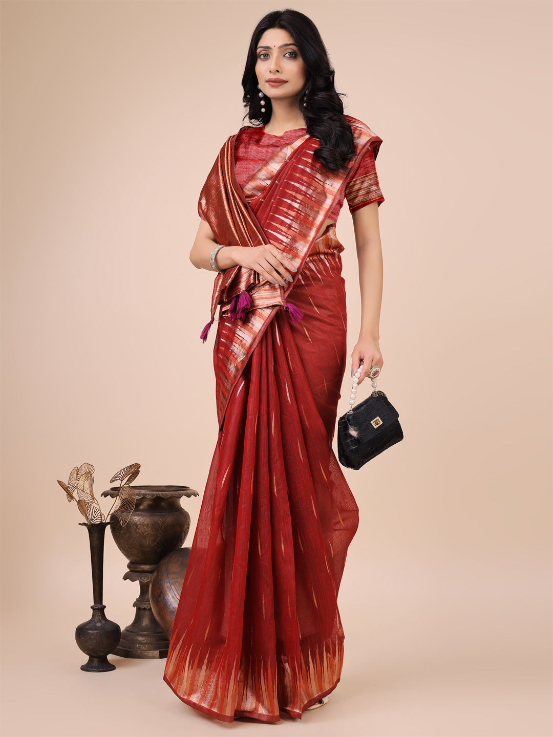 Shree Shyam Fashion Elegant Red Linen Cotton Saree with Copper Zari Pallu and Artistic Brush Pattern - Festive & Formal Wear