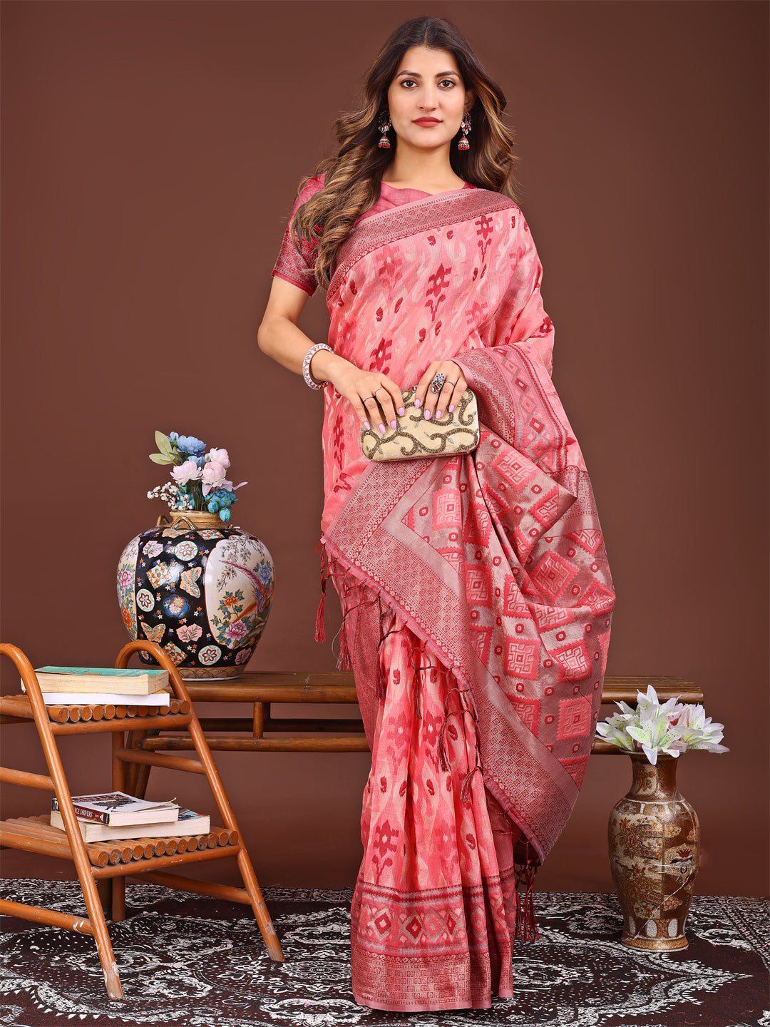 Shree Shyam Fashion Radiant Peach Linen Cotton Patola Saree - Where Tradition Dances with Elegance