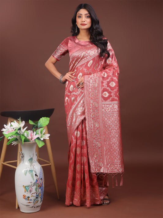 Shree Shyam Fashion Elegant Peach Linen Cotton Saree with Silver Zari - Perfect Blend of Comfort & Charm
