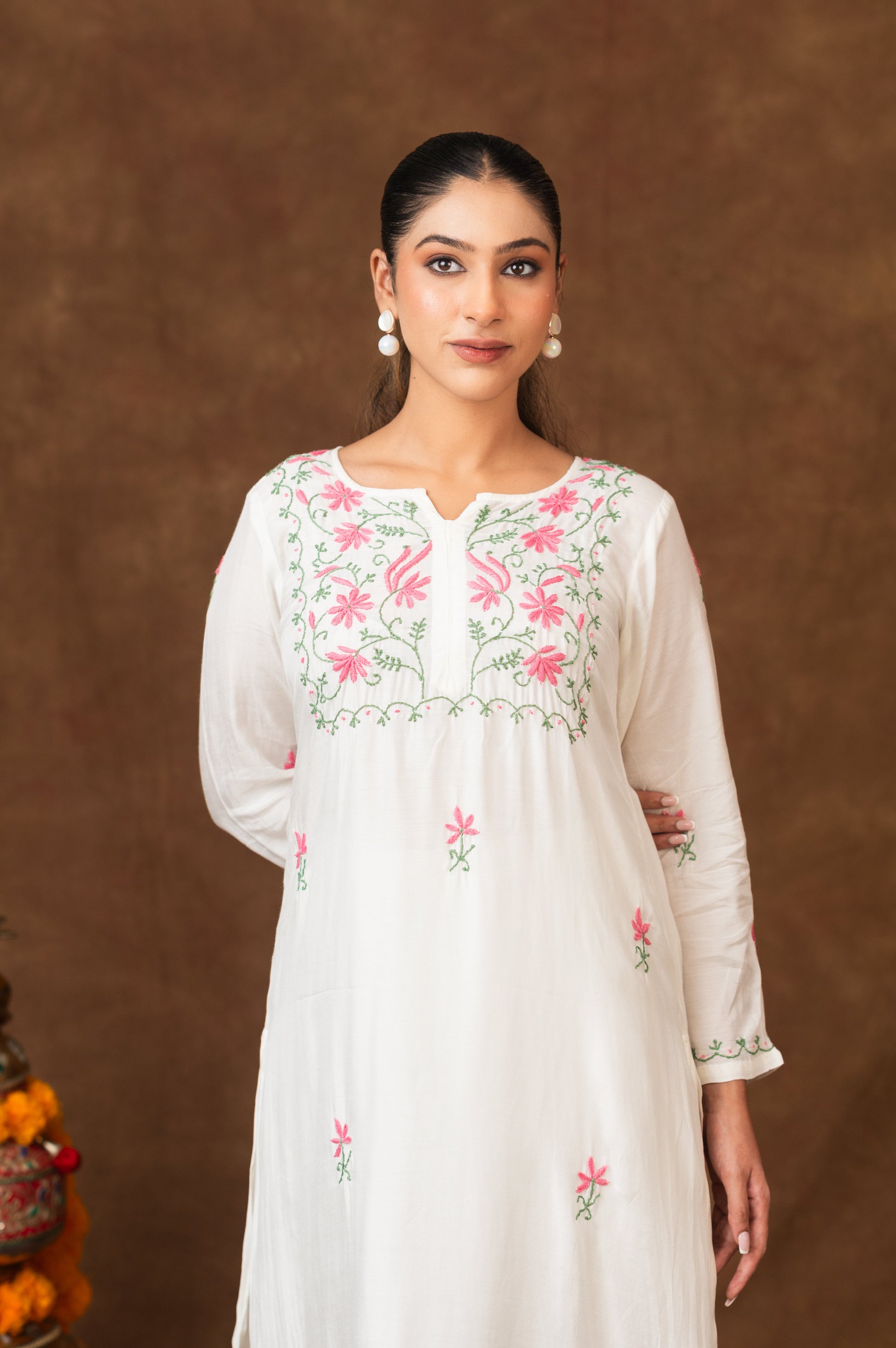 Gharana India Muslin A Line Kurta Set In Multi Colour Embroidery