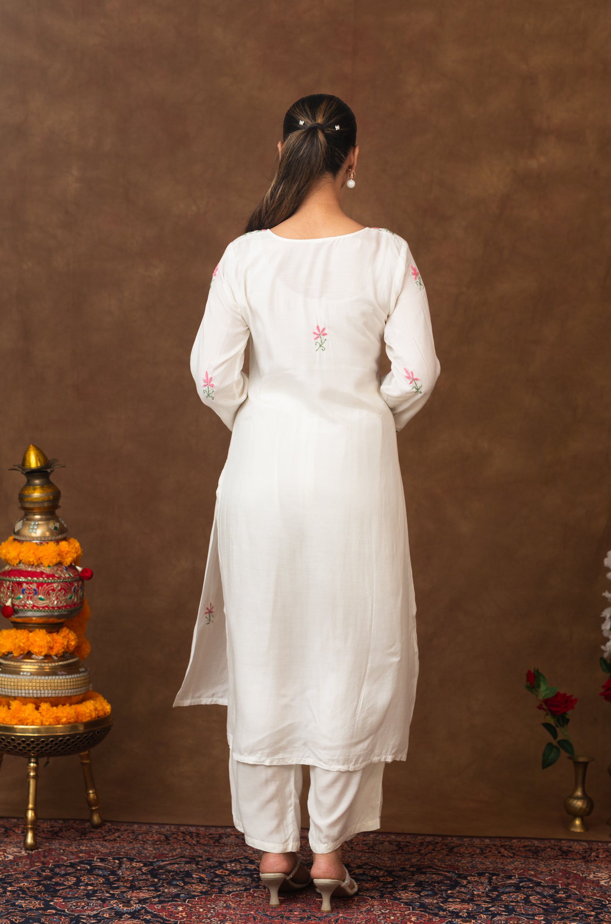 Gharana India Muslin A Line Kurta Set In Multi Colour Embroidery