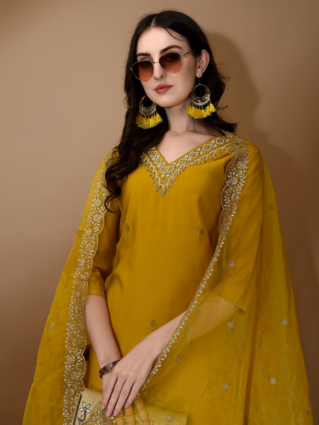 Hand Embroidered Kurta With Pant & Dupatta Premium Luxury, Mustard - Hiral Fashion
