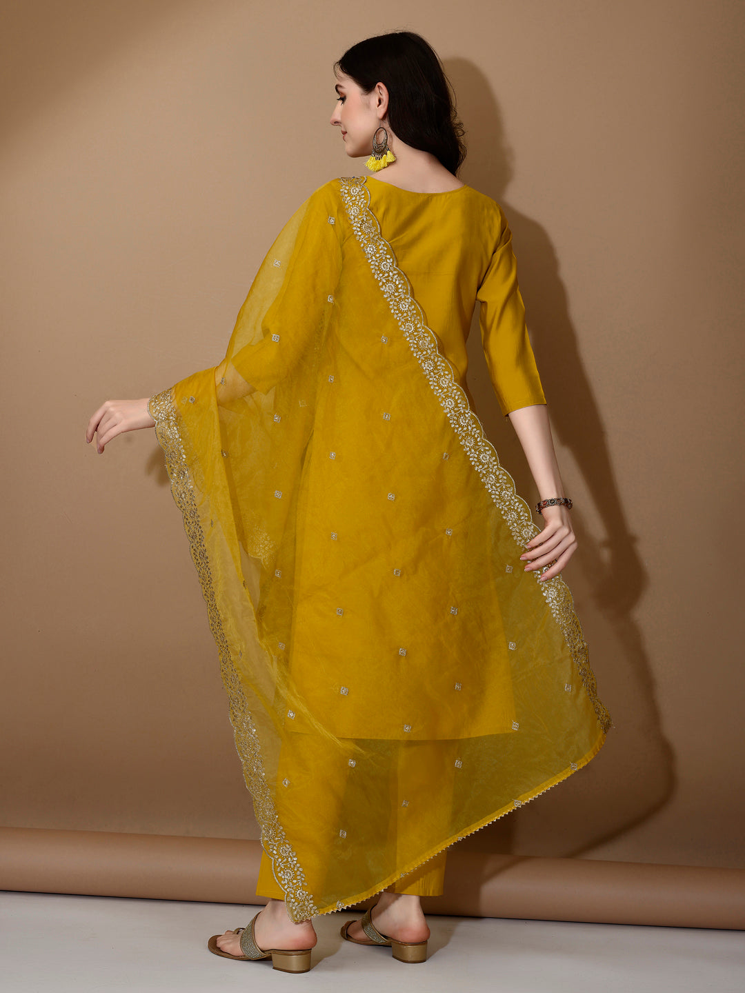 Hand Embroidered Kurta With Pant & Dupatta Premium Luxury, Mustard - Hiral Fashion