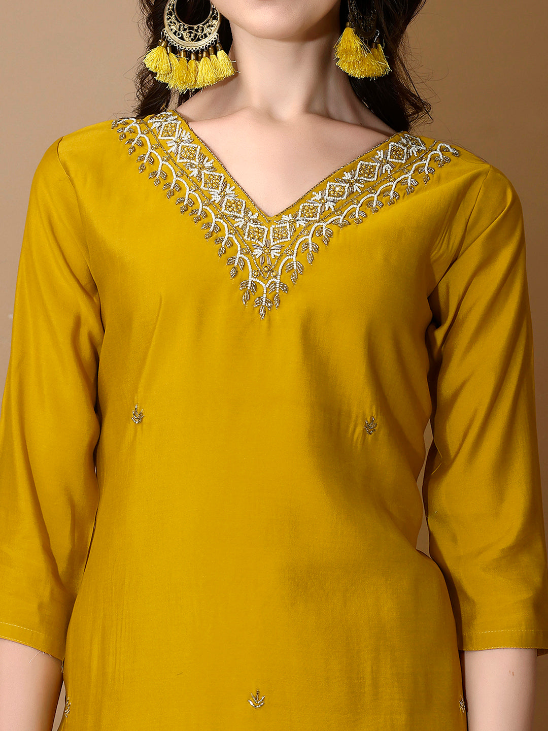 Hand Embroidered Kurta With Pant & Dupatta Premium Luxury, Mustard - Hiral Fashion