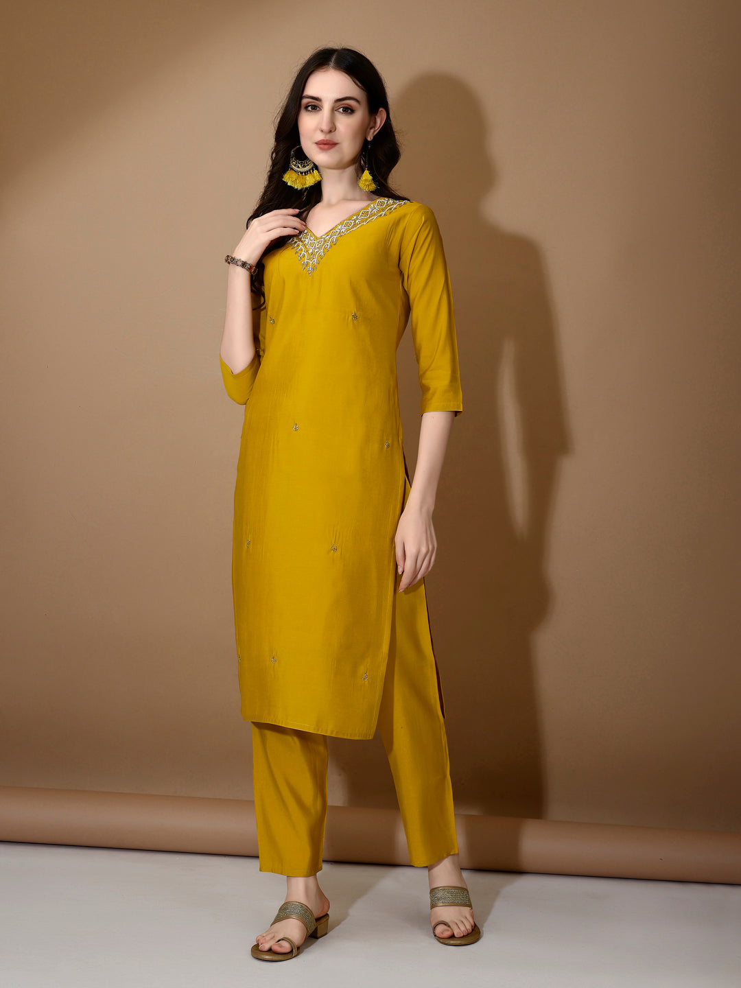Hand Embroidered Kurta With Pant & Dupatta Premium Luxury, Mustard - Hiral Fashion