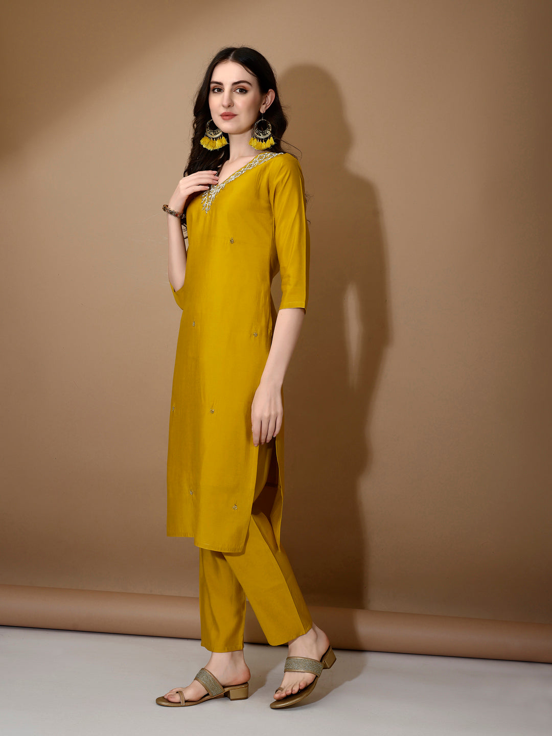 Hand Embroidered Kurta With Pant & Dupatta Premium Luxury, Mustard - Hiral Fashion