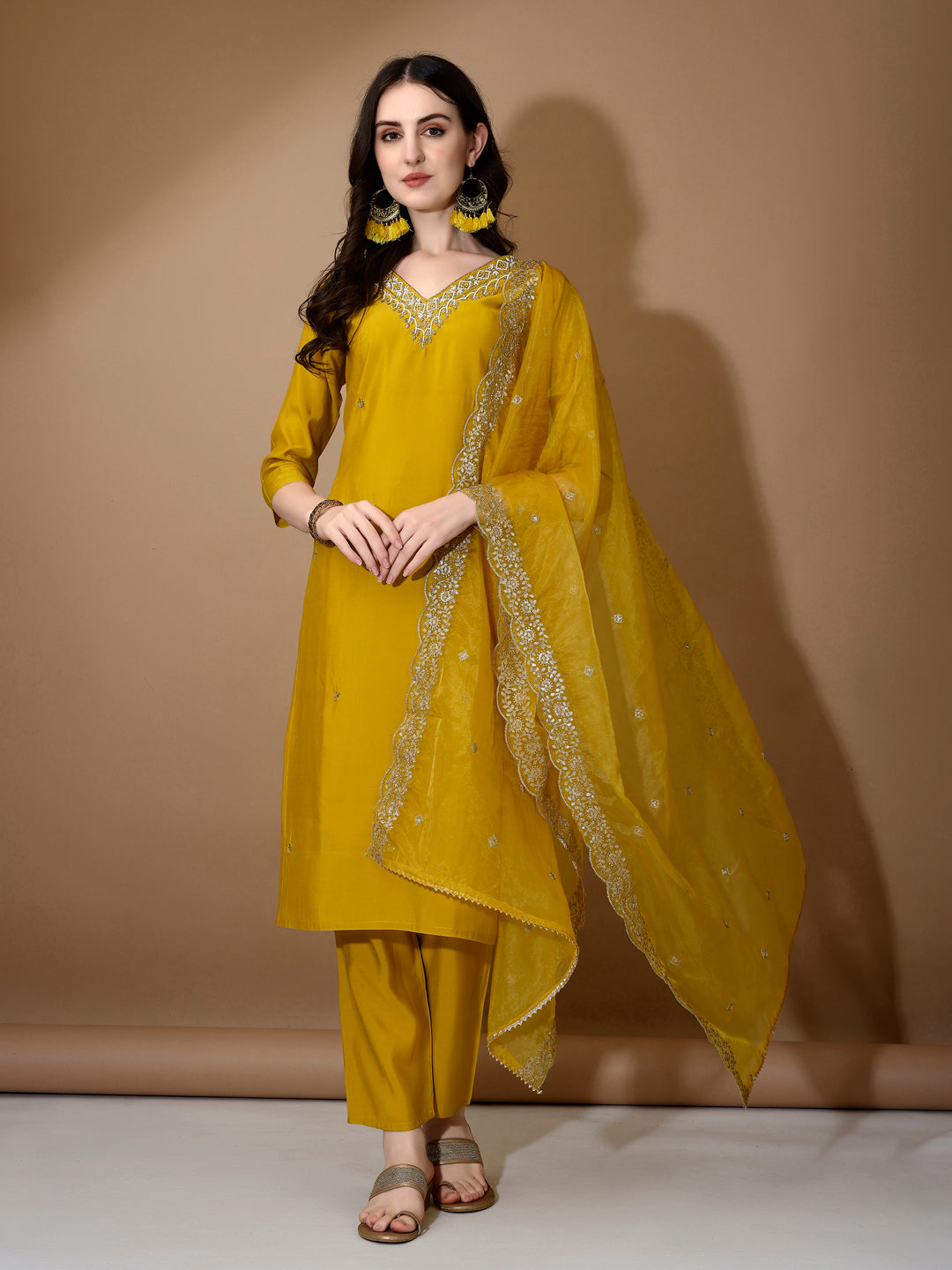 Hand Embroidered Kurta With Pant & Dupatta Premium Luxury, Mustard - Hiral Fashion