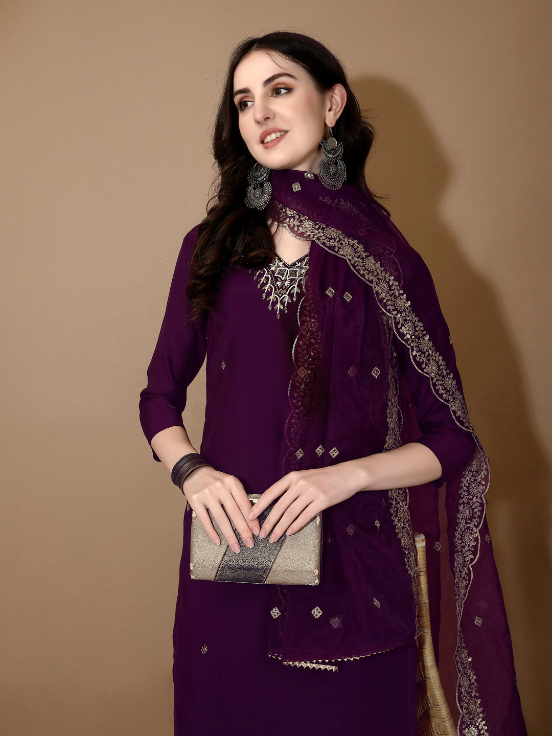 Hand Embroidered Kurta With Pant & Dupatta Premium Luxury, Purple - Hiral Fashion