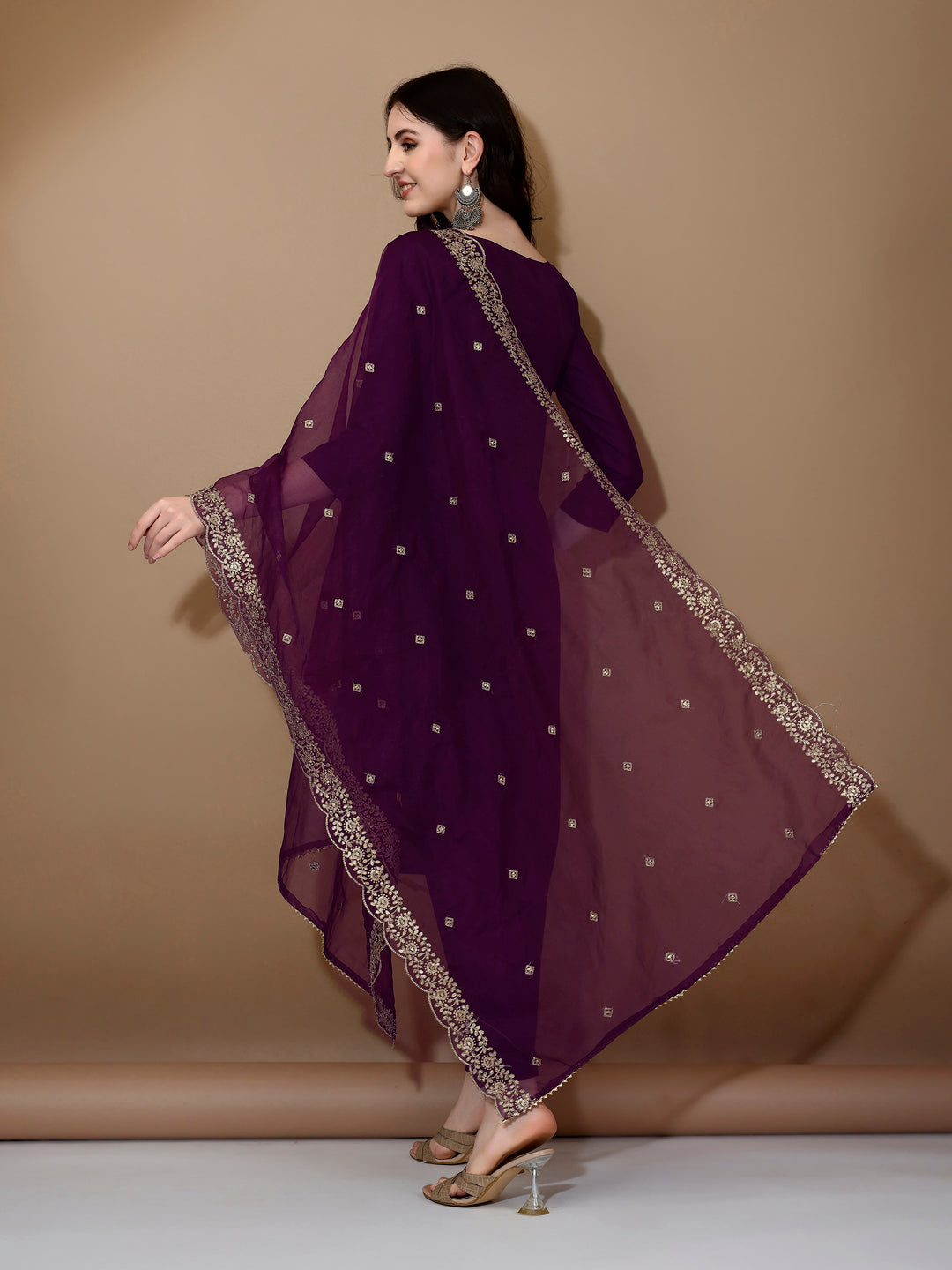 Hand Embroidered Kurta With Pant & Dupatta Premium Luxury, Purple - Hiral Fashion