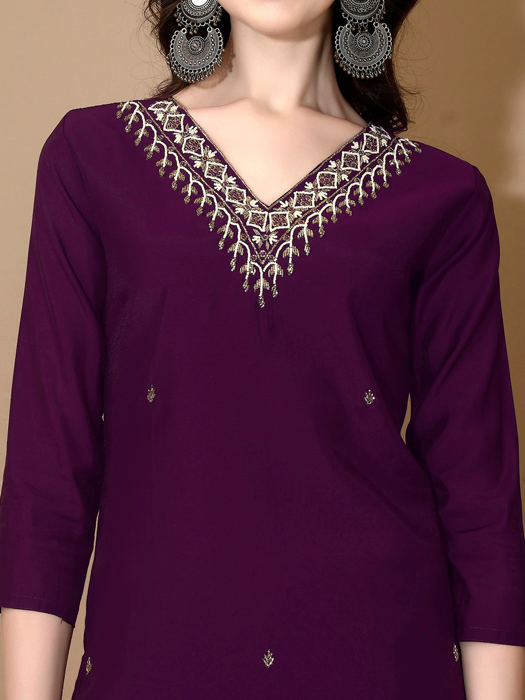 Hand Embroidered Kurta With Pant & Dupatta Premium Luxury, Purple - Hiral Fashion