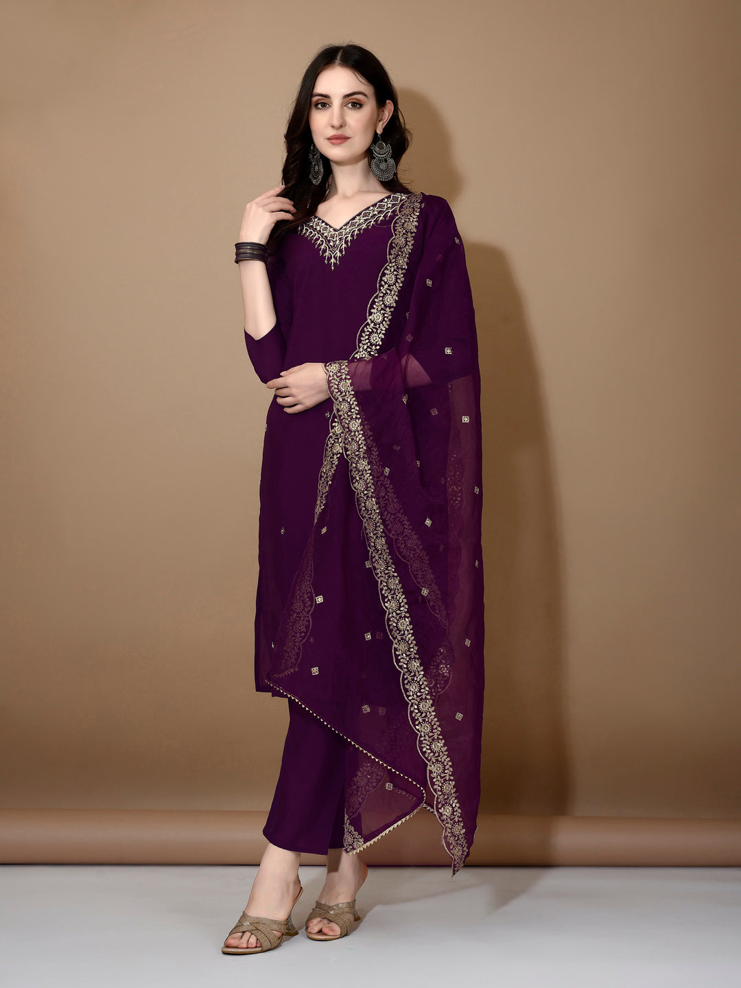 Hand Embroidered Kurta With Pant & Dupatta Premium Luxury, Purple - Hiral Fashion