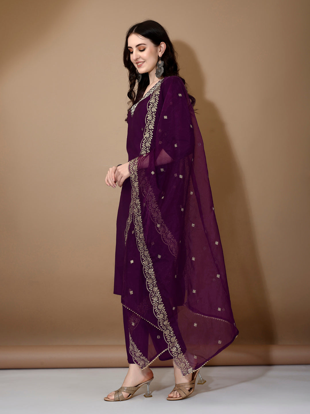 Hand Embroidered Kurta With Pant & Dupatta Premium Luxury, Purple - Hiral Fashion