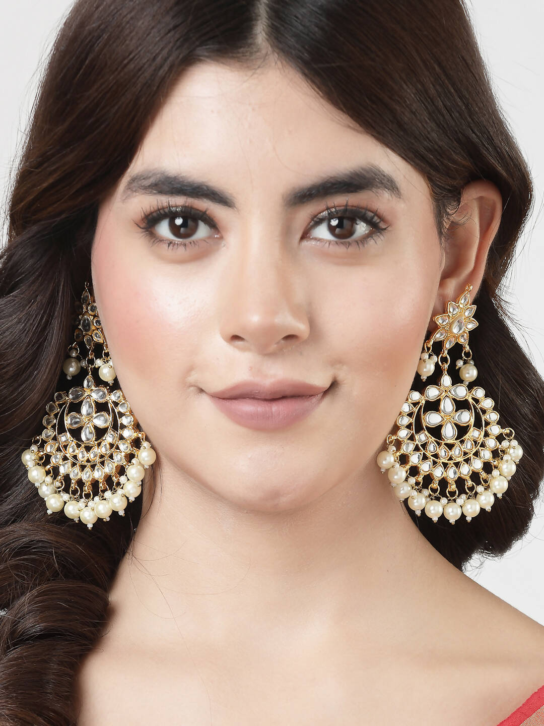 NVR Women's Gold-Polished Kundan Chandbali Earrings 