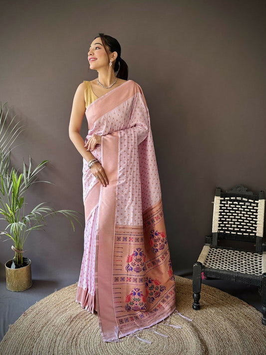 Joban Fashion Lavender Jacquard Butti Soft Lichi Silk Paithani Saree
