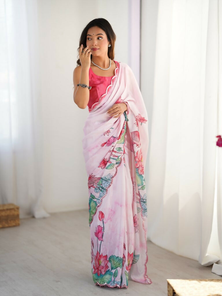 Off White Chinon Designer Digital Printed,Mirror Cut Work Saree - Manvika