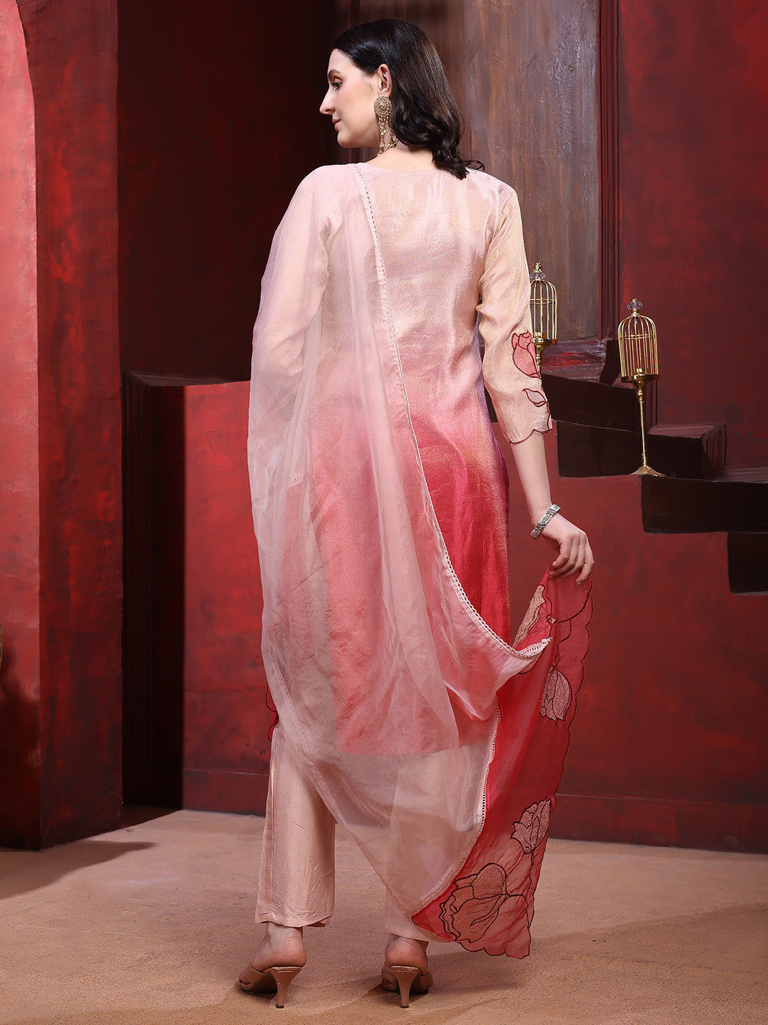 Hand & Pacement Floral Embroidered Kurta With Pant & Embroidered Dupatta, Pink - Hiral Fashion