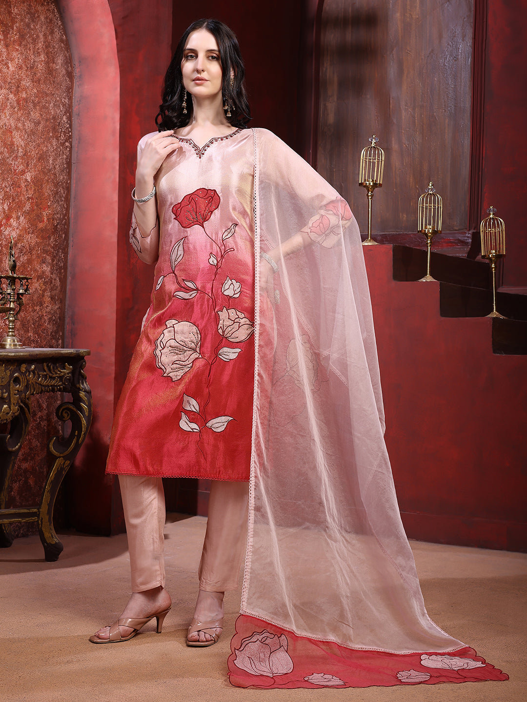 Hand & Pacement Floral Embroidered Kurta With Pant & Embroidered Dupatta, Pink - Hiral Fashion