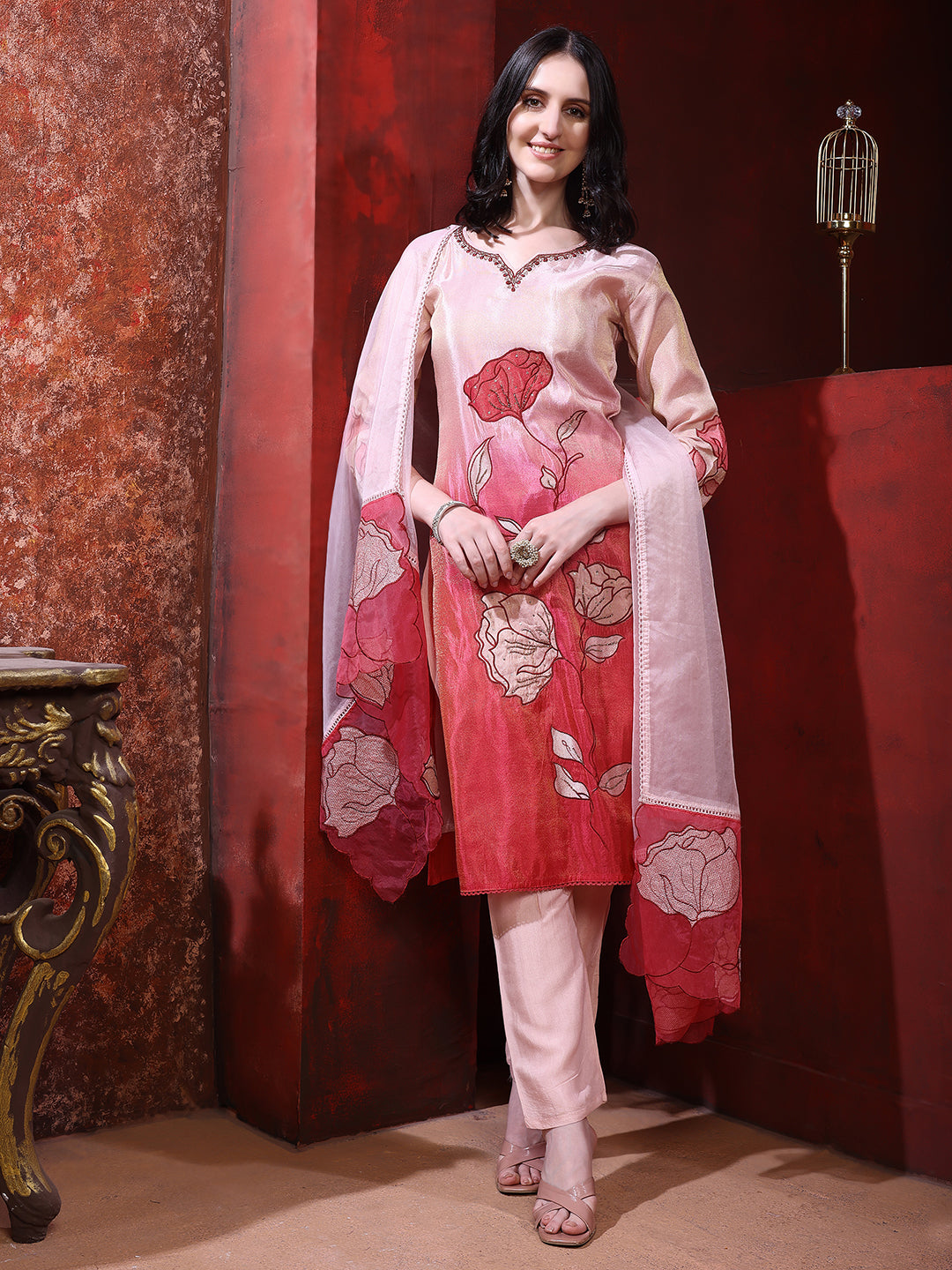 Hand & Pacement Floral Embroidered Kurta With Pant & Embroidered Dupatta, Pink - Hiral Fashion