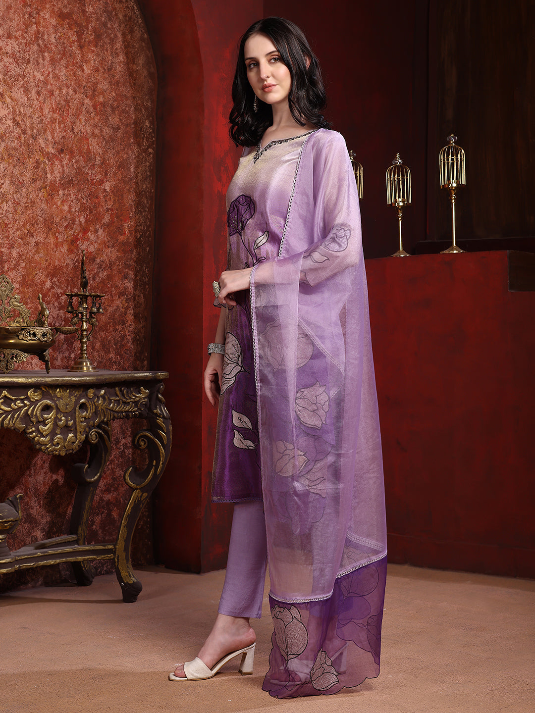 Hand & Pacement Floral Embroidered Kurta With Pant & Embroidered Dupatta, Purple - Hiral Fashion