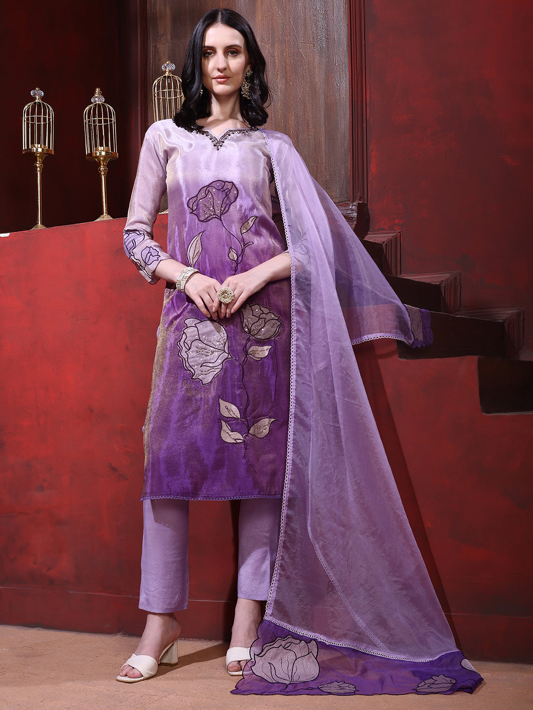 Hand & Pacement Floral Embroidered Kurta With Pant & Embroidered Dupatta, Purple - Hiral Fashion