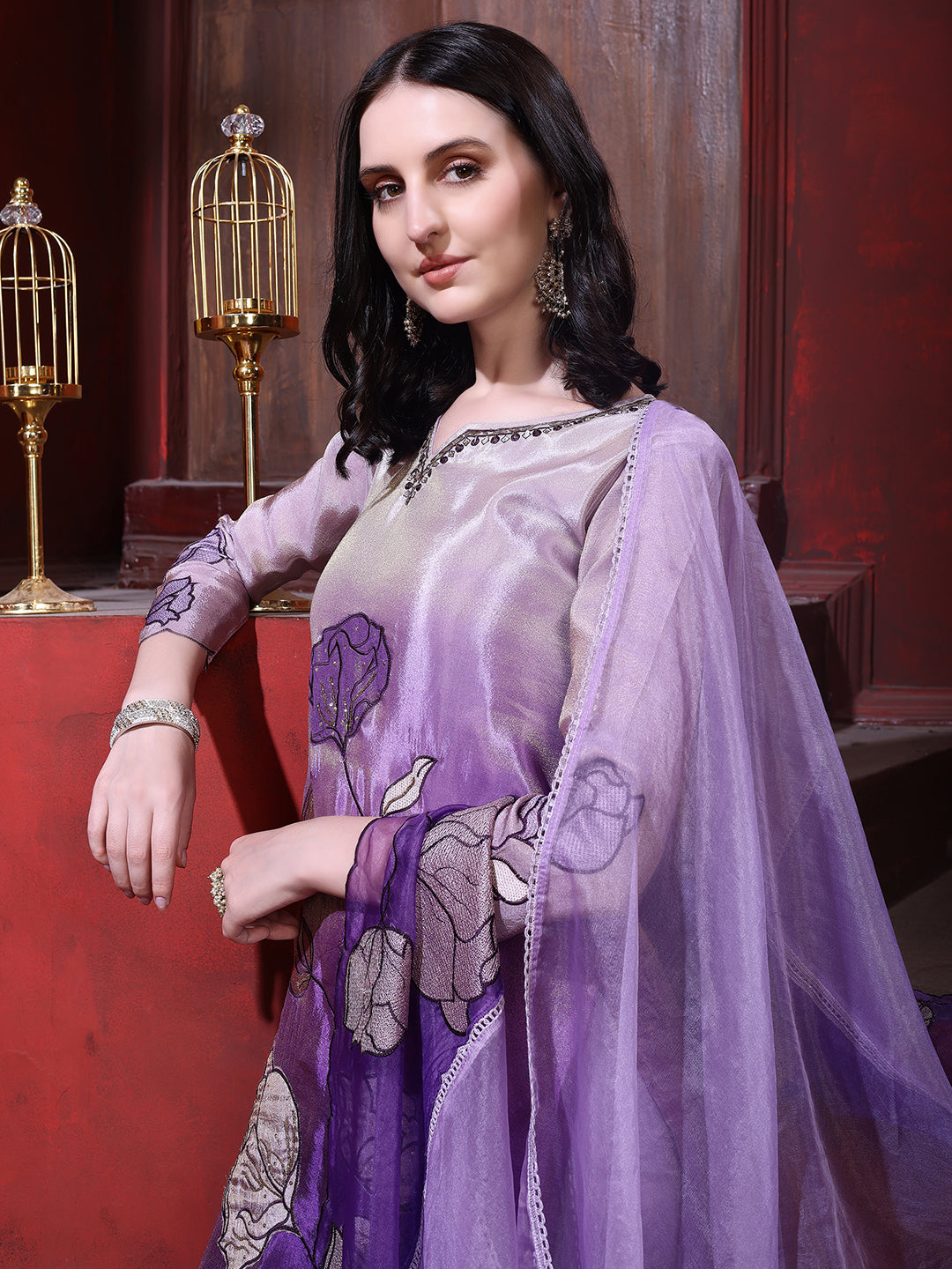 Hand & Pacement Floral Embroidered Kurta With Pant & Embroidered Dupatta, Purple - Hiral Fashion