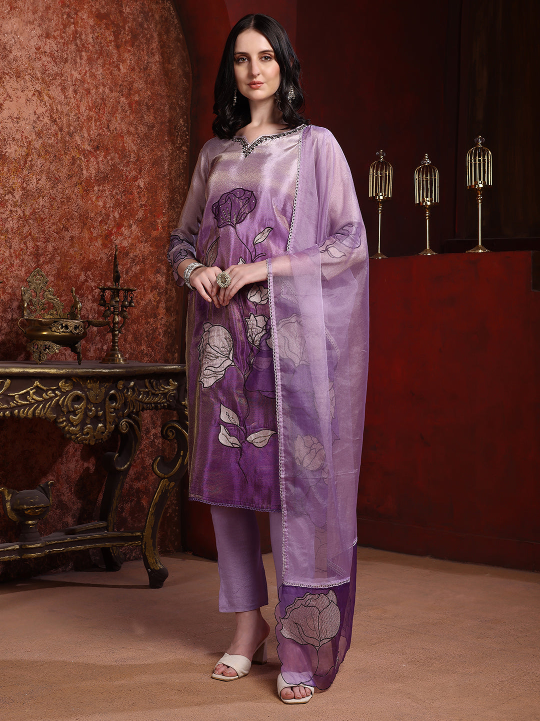 Hand & Pacement Floral Embroidered Kurta With Pant & Embroidered Dupatta, Purple - Hiral Fashion