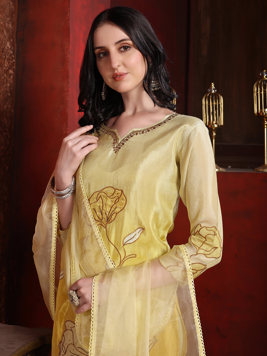 Hand & Pacement Floral Embroidered Kurta With Pant & Embroidered Dupatta, Yellow - Hiral Fashion