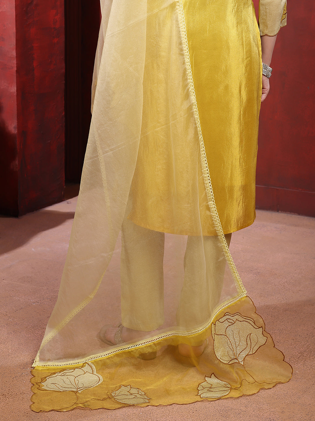Hand & Pacement Floral Embroidered Kurta With Pant & Embroidered Dupatta, Yellow - Hiral Fashion