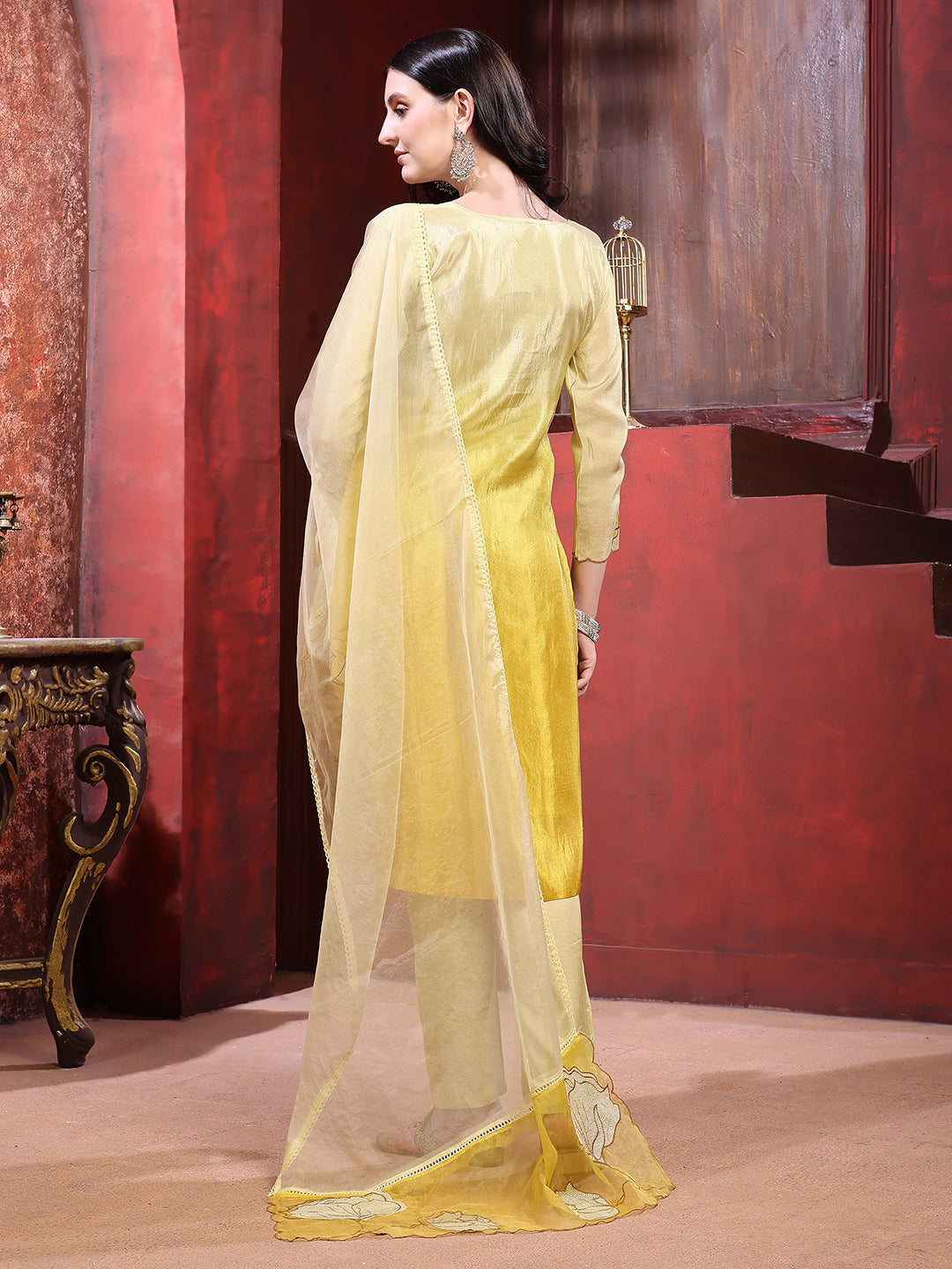 Hand & Pacement Floral Embroidered Kurta With Pant & Embroidered Dupatta, Yellow - Hiral Fashion