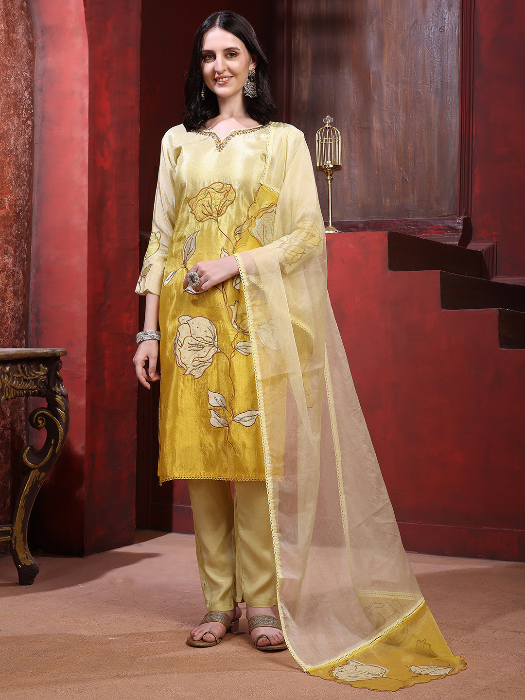 Hand & Pacement Floral Embroidered Kurta With Pant & Embroidered Dupatta, Yellow - Hiral Fashion