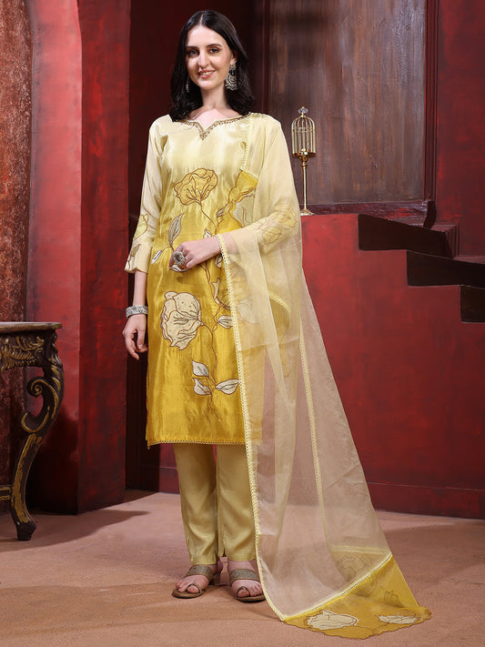 Hand & Pacement Floral Embroidered Kurta With Pant & Embroidered Dupatta, Yellow - Hiral Fashion