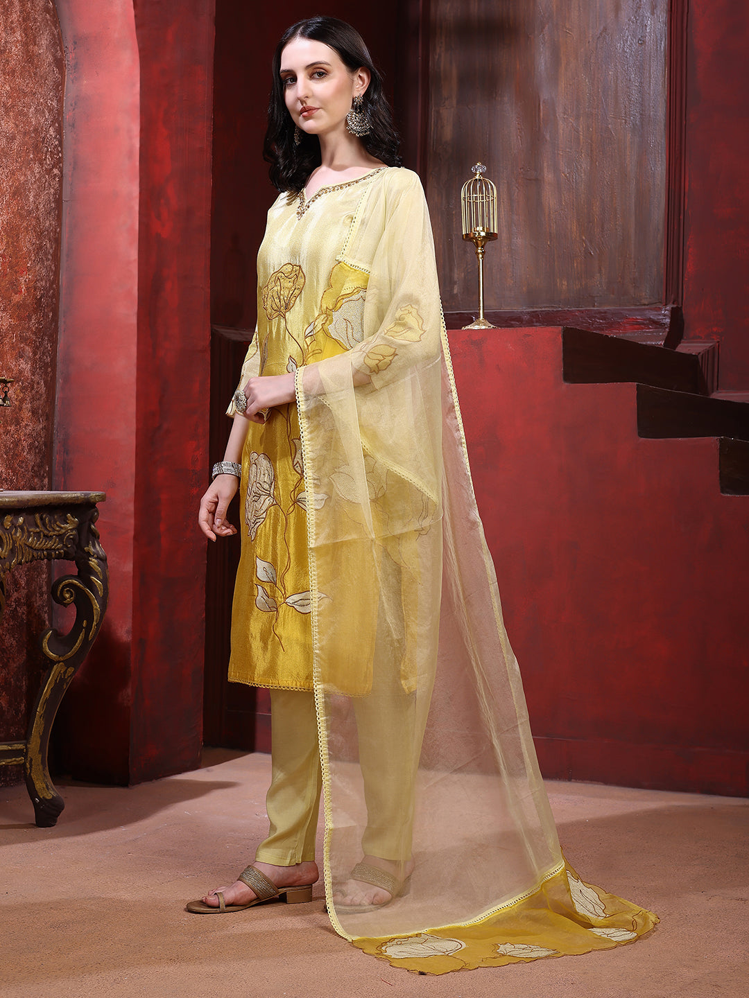 Hand & Pacement Floral Embroidered Kurta With Pant & Embroidered Dupatta, Yellow - Hiral Fashion