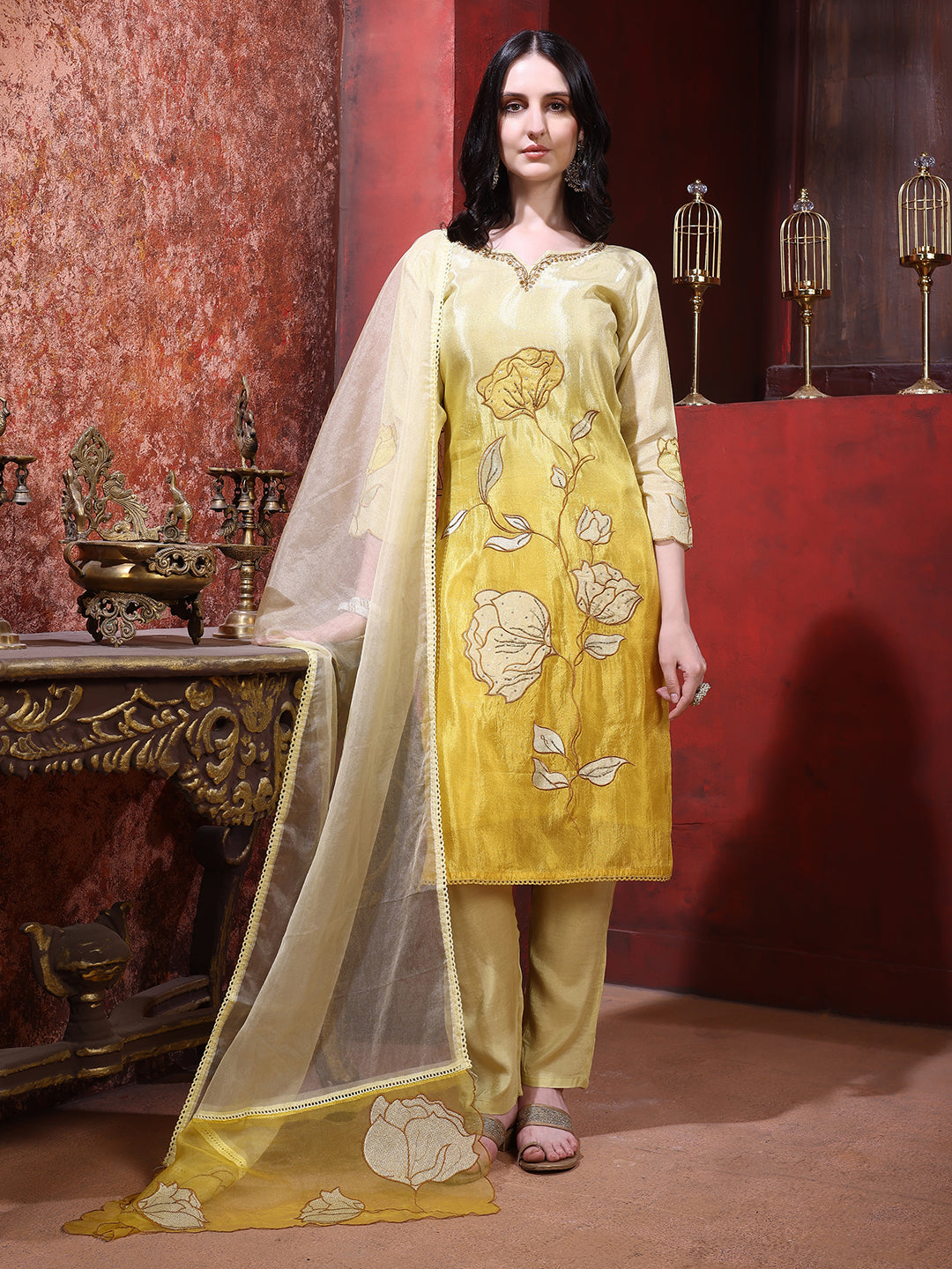Hand & Pacement Floral Embroidered Kurta With Pant & Embroidered Dupatta, Yellow - Hiral Fashion