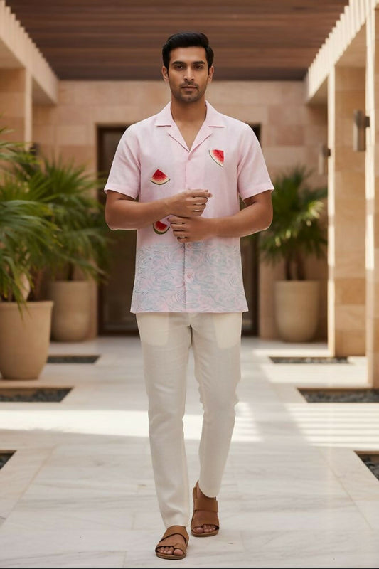 Melon — White Embroidered Linen Shirt by Hilo Design