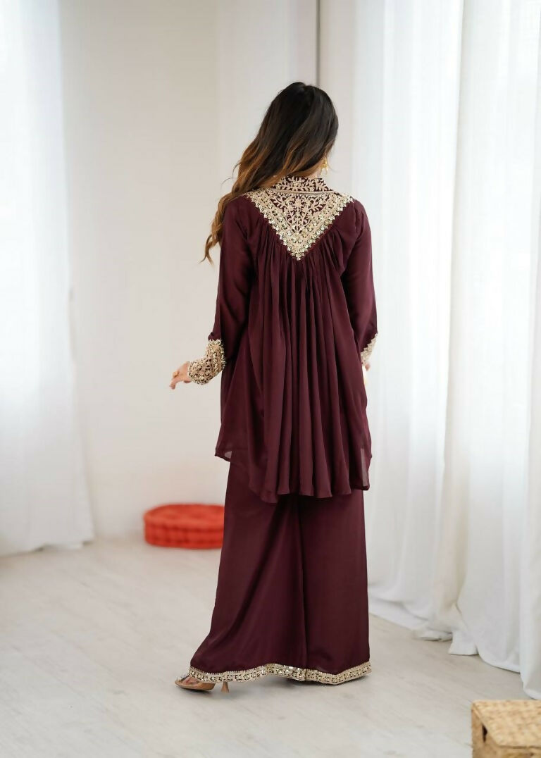 Teeya Creation Maroon Heavy Chinnon Silk Embroidery Work Plazo pair